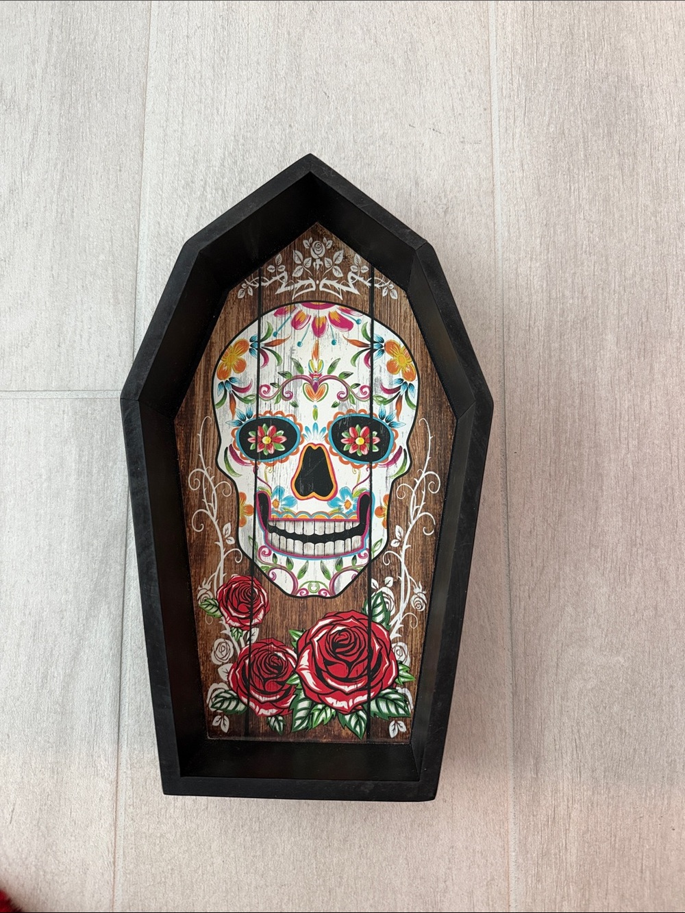Black Coffin-Shaped Day of the Dead Wall Art with Red Roses